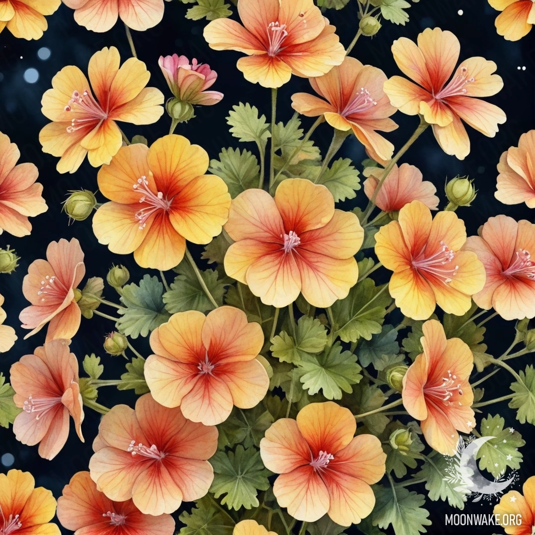 A bouquet of yellow geraniums set against a night sky, painted in watercolor.
