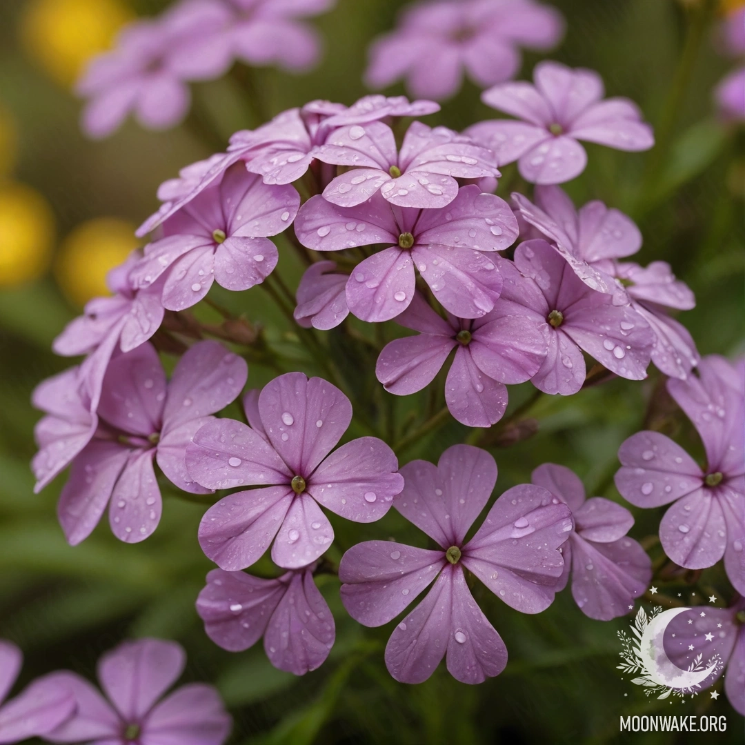 A vibrant yellow phlox flower wet from rain with a soft background.