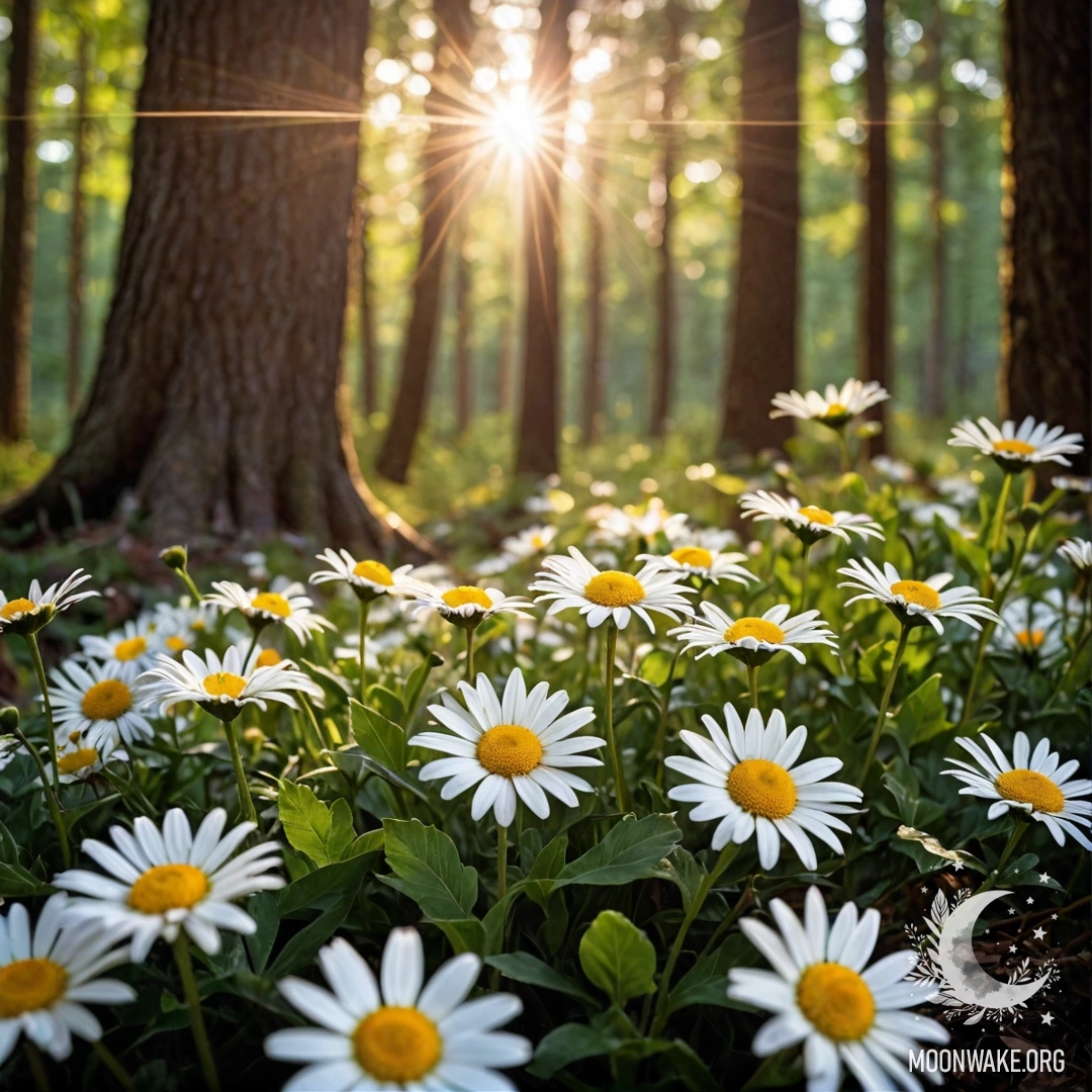 Close-up of daisies with garland light in a forest at sunset