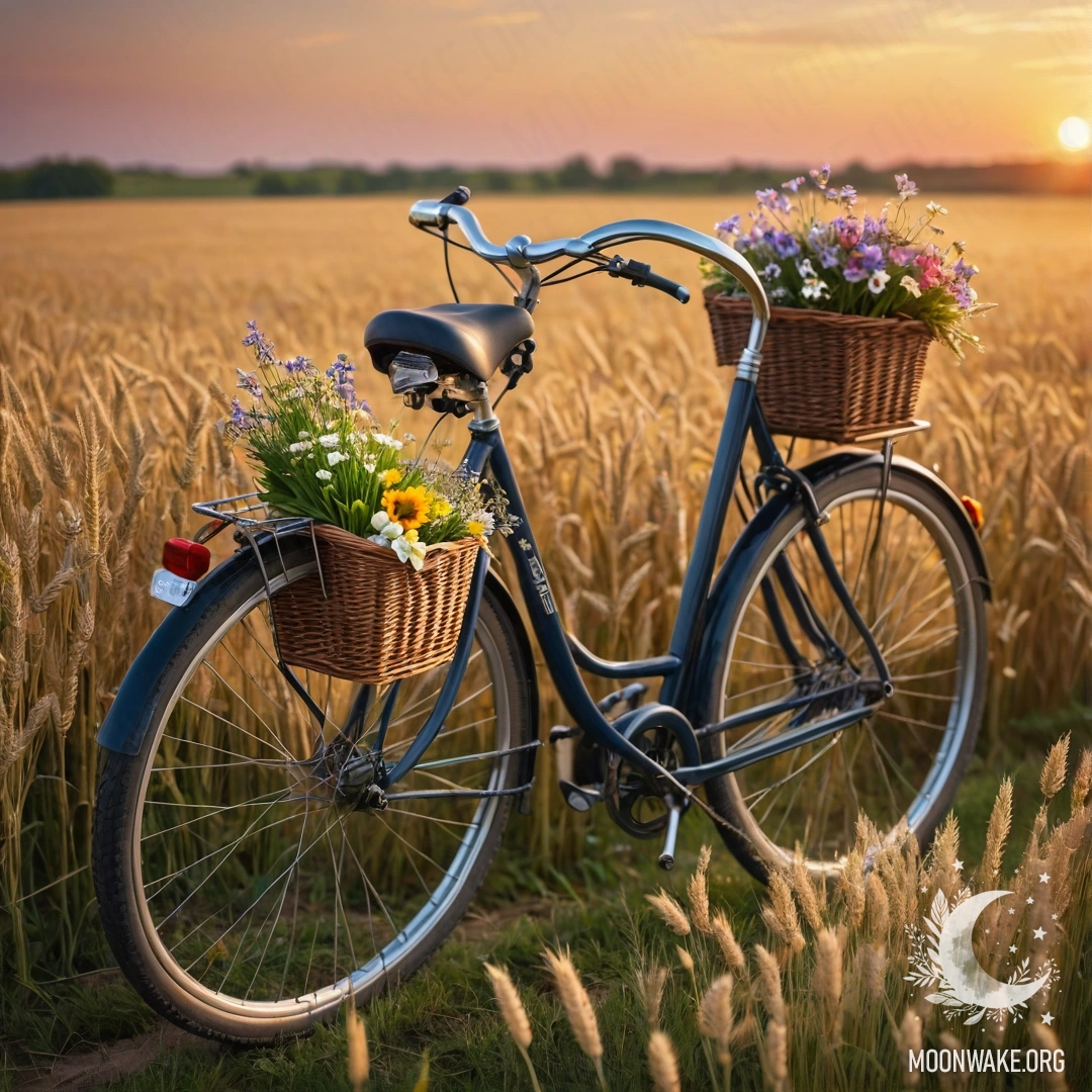 A vintage bicycle with a flower basket standing in a wheat field at sunset.