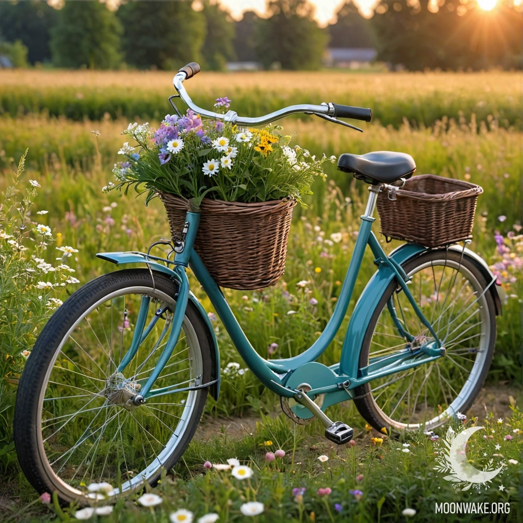 A peaceful scene featuring a bicycle with a flower basket in a field of herbs during sunset.