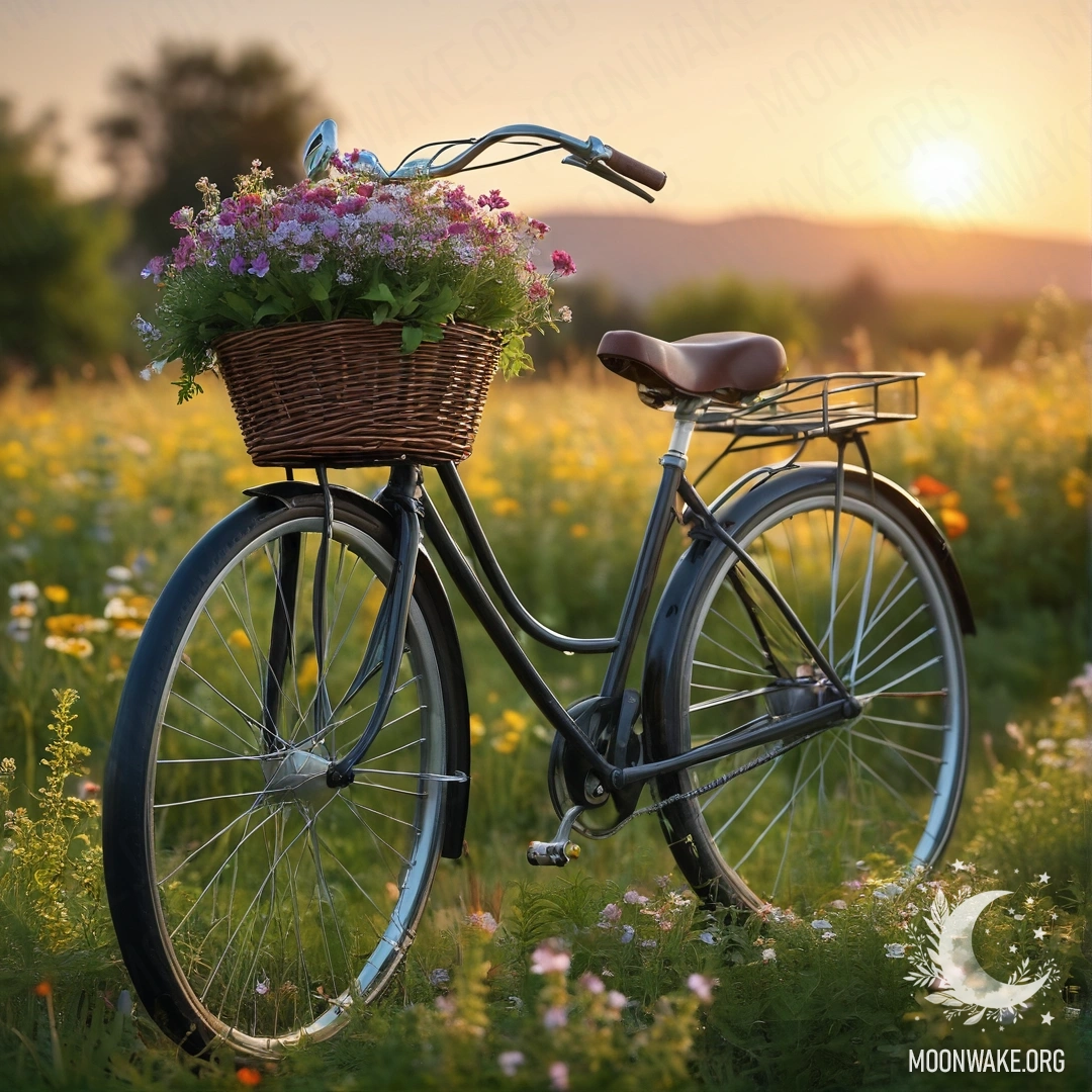A peaceful sunset scene featuring a bicycle with a flower basket in a field of flowers.