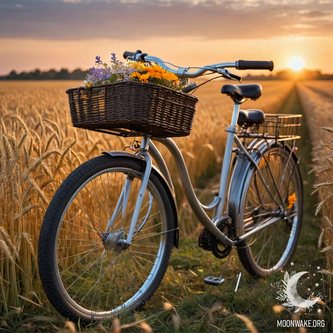 A bicycle with a flower basket stands amidst a golden wheat field during sunset.
