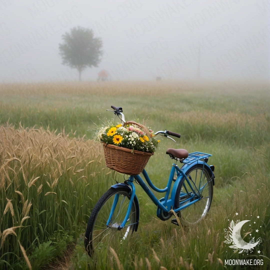 A bicycle with a flower basket standing amidst a wheat field in mist.