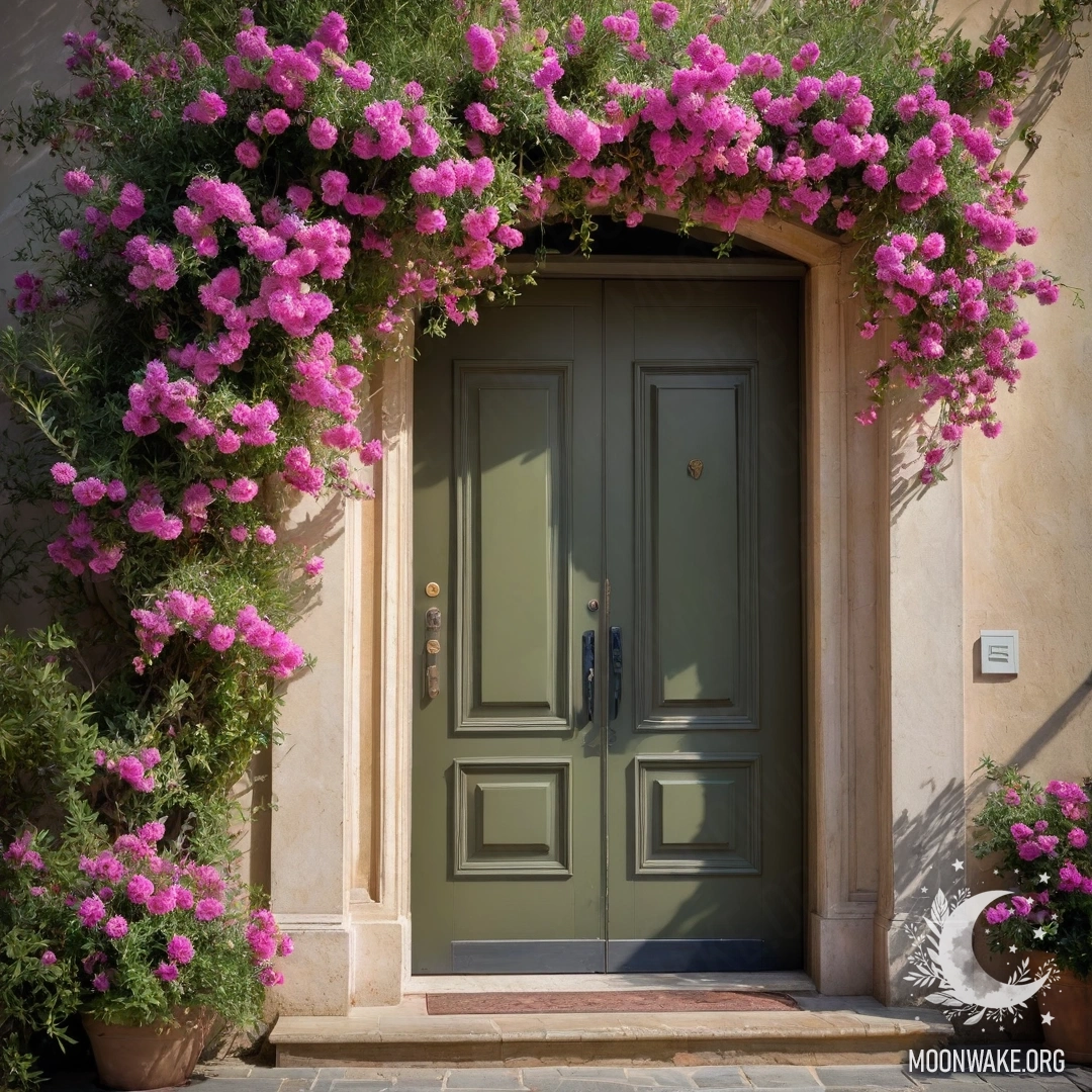 Abstract olive door with a tree adorned with pink flowers above it and glowing garland lights.