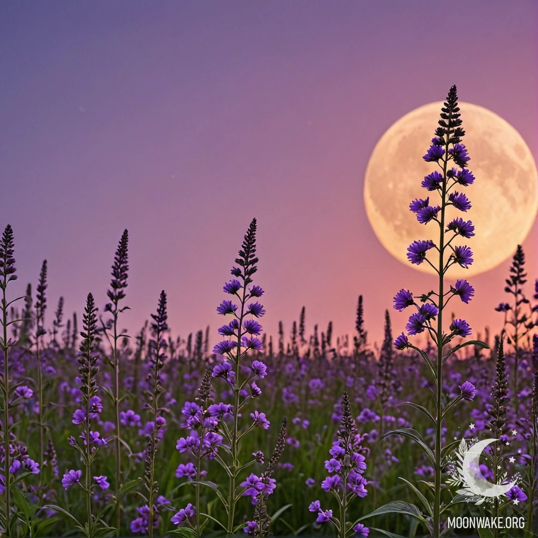 A close-up of vibrant field flowers against a pink violet sky with the moon at sunset.