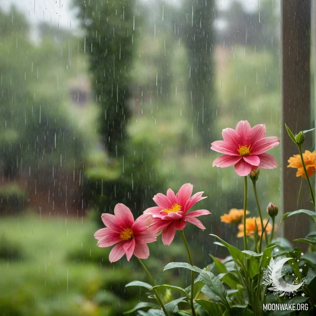 A close-up of a floral print curtain with a blooming garden in the background, blurred by rain.