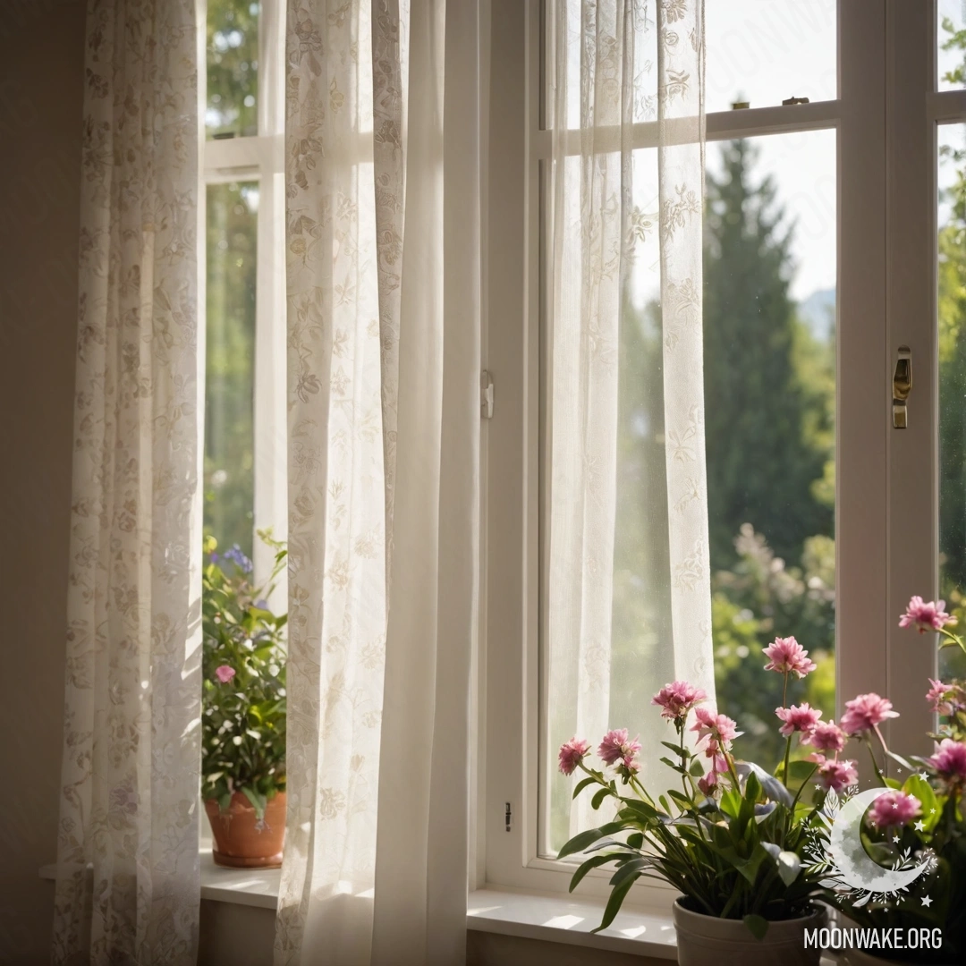 A close-up of a floral print curtain with a blooming garden blurred behind it.