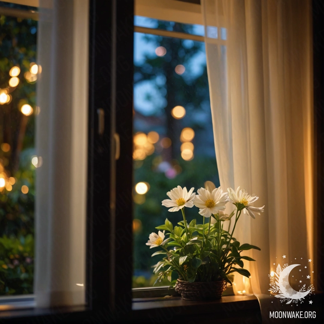 A close-up of a floral curtain in front of a window, with a blurred garden outside at night.