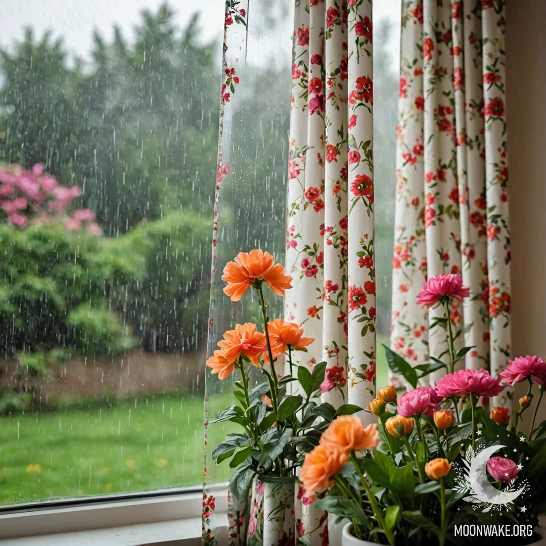 Blooming Garden Bokeh Behind Floral Curtains Close-up of floral print curtain with a window and blooming garden bokeh in the background under the rain.