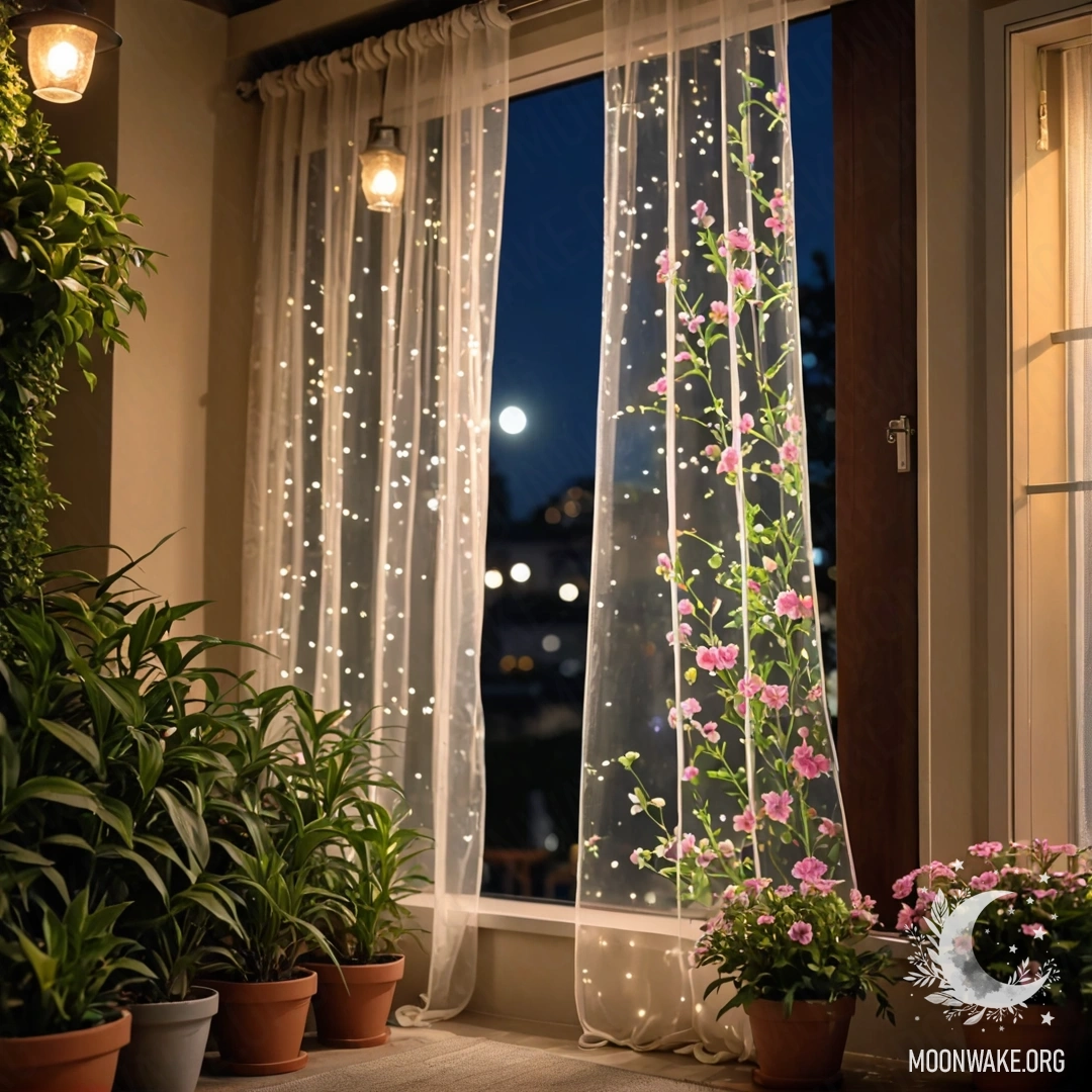 Close-up of a floral printed curtain with a view of a blooming garden in bokeh at night behind it.