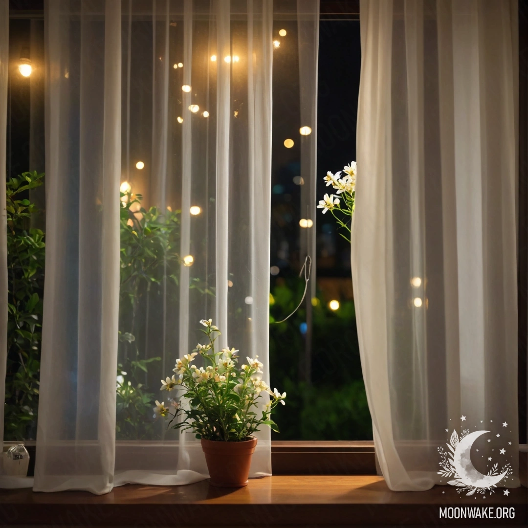 A close-up of a floral print curtain with a blurred blooming garden outside a window at night.