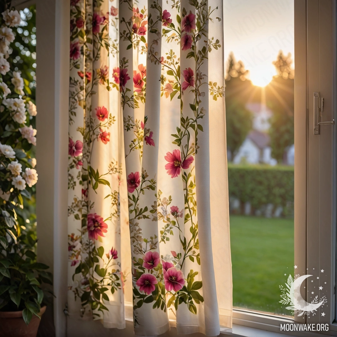 A close-up view of a floral-printed curtain with a blooming garden visible outside the window, creating a bokeh effect at sunset.