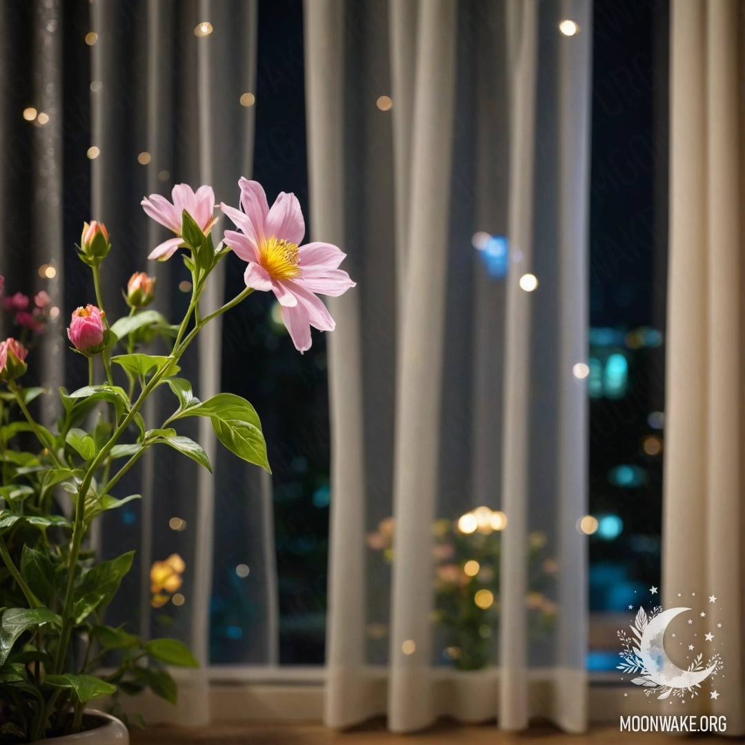 Blooming Garden Night Through Floral Curtain Close-up of a floral printed curtain with a window and a bokeh blooming garden outside at night.