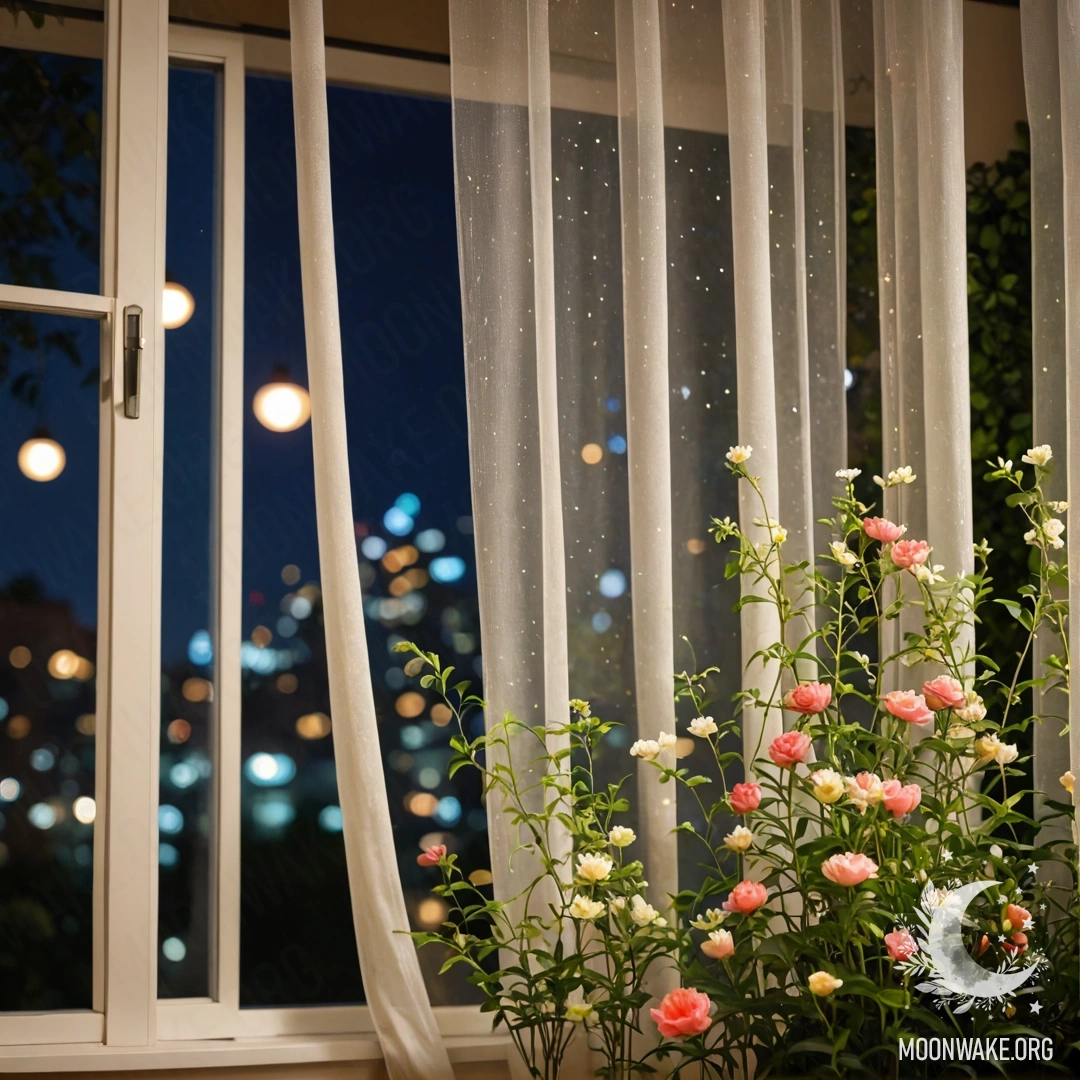 Close-up of a floral-print curtain with a blooming garden visible through a night-time window.