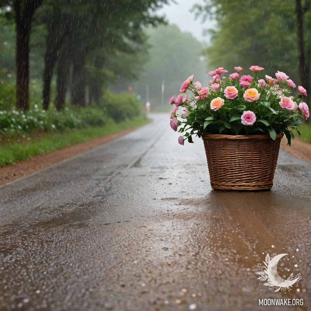 Blooming Journey: A Flower Basket on a Rainy Road A dirt road with a basket of flowers in the foreground and blurred trees in the background, under the rain.