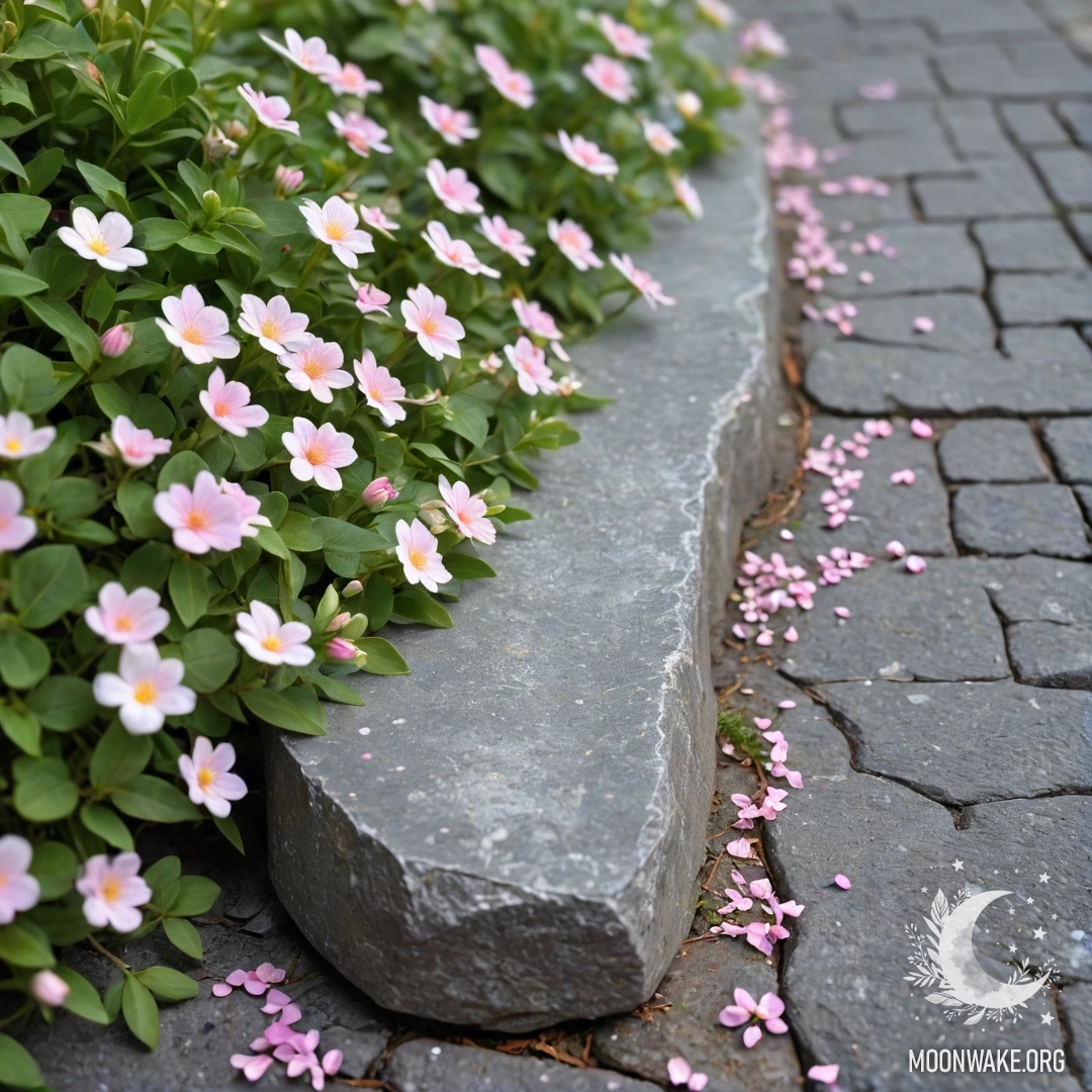 A shabby stone curb with small white and pink flowers and garland lights.