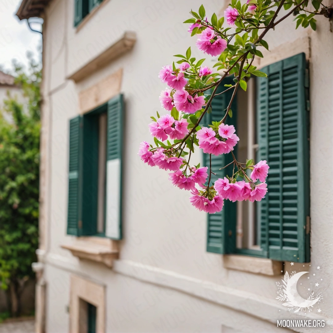 A delicate branch adorned with pink flowers against a white wall with Italian-style windows and shutters.