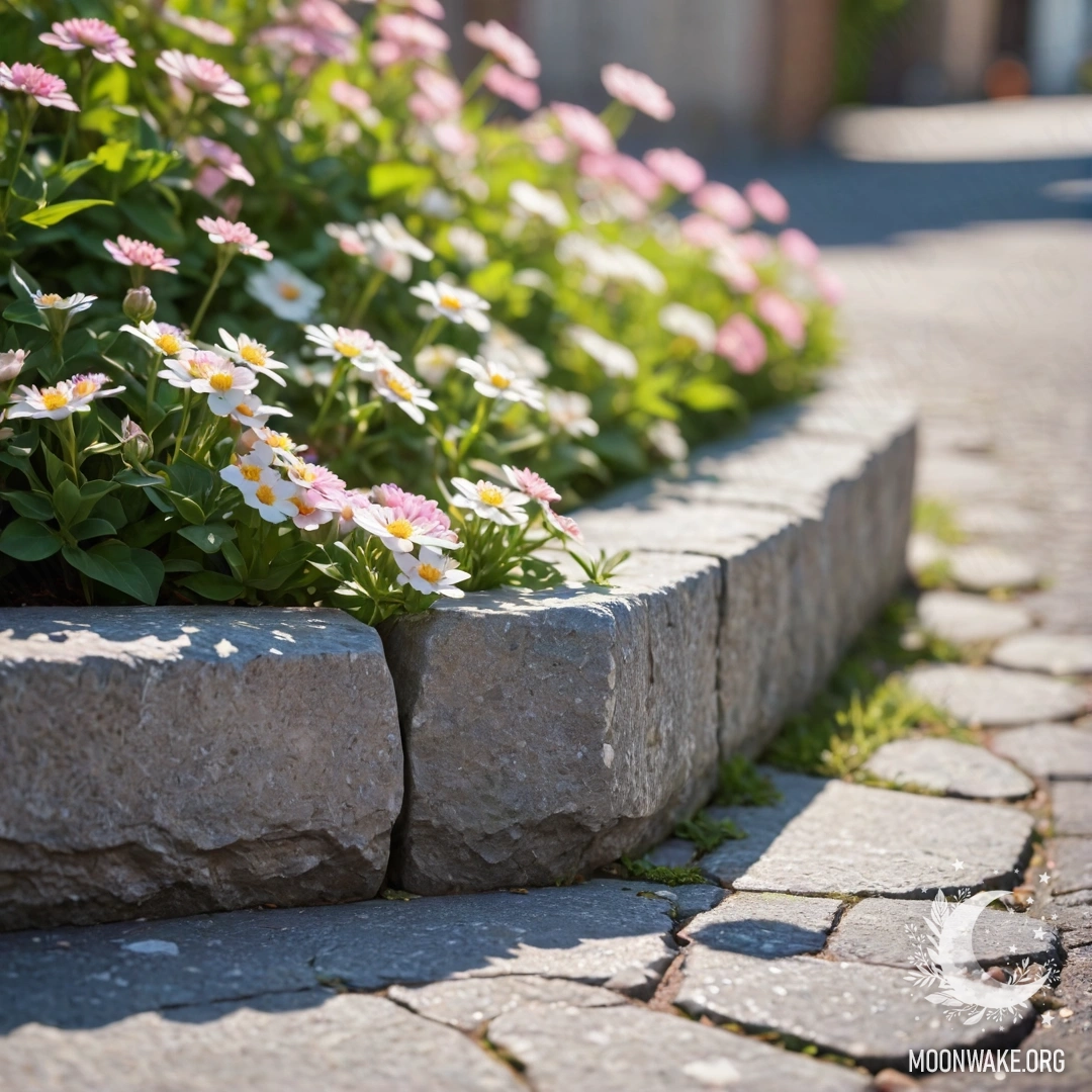 A shabby stone curb with small white and pink flowers growing behind it.