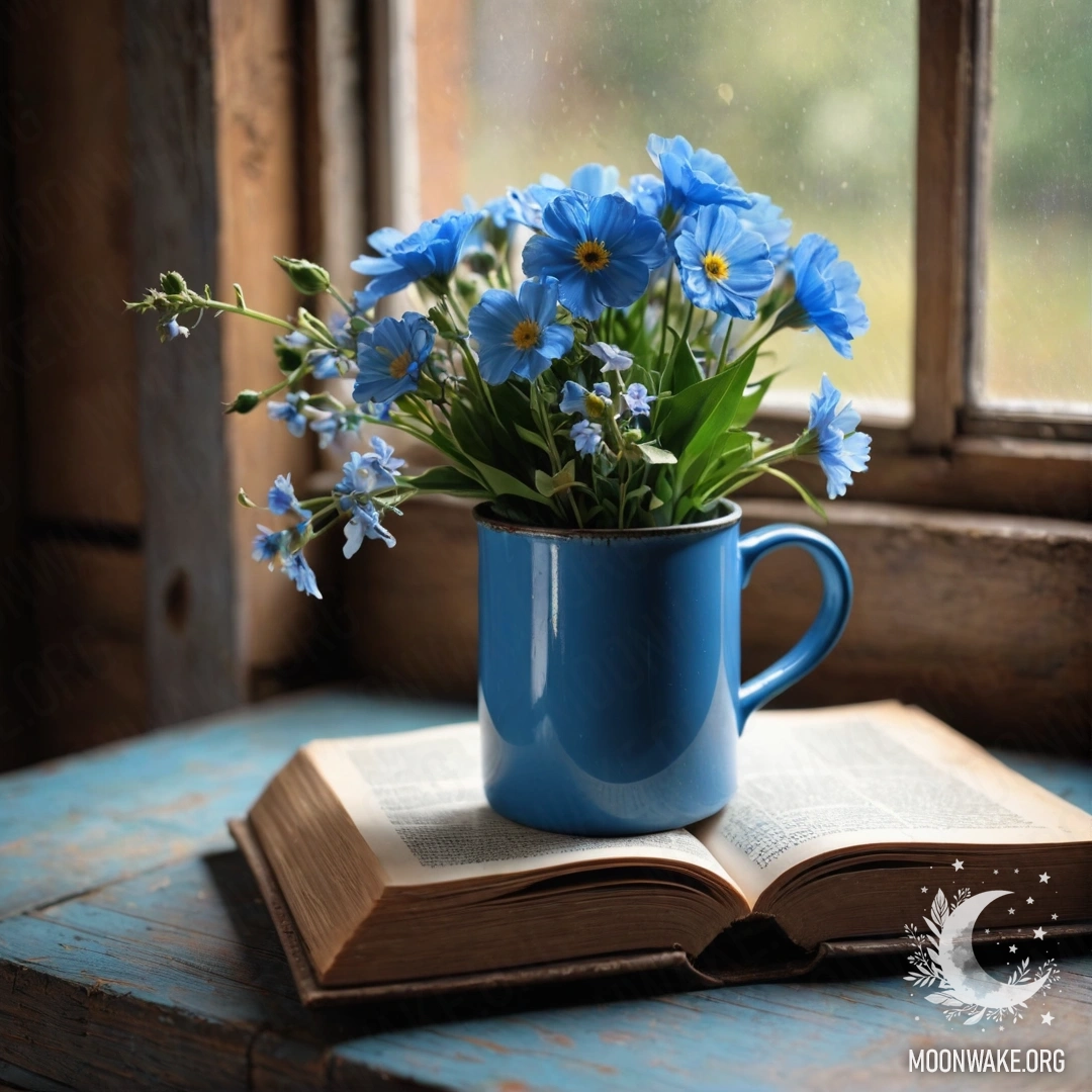 A weathered blue book resting on a wooden windowsill with a blue metal mug filled with flowers and string lights.