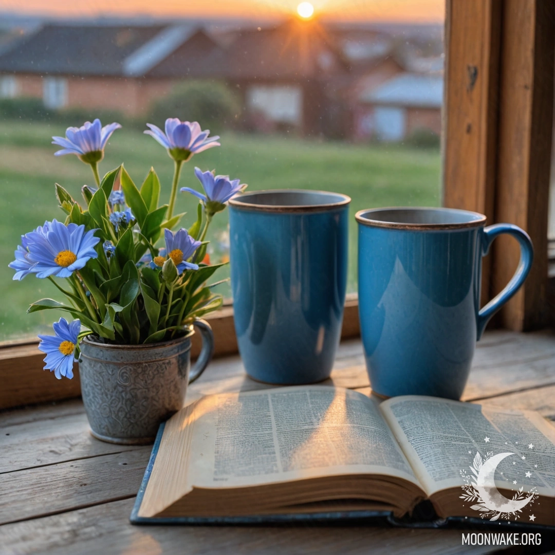 An old shabby blue book lying on a wooden windowsill with a blue metal mug filled with flowers against a sunset backdrop.