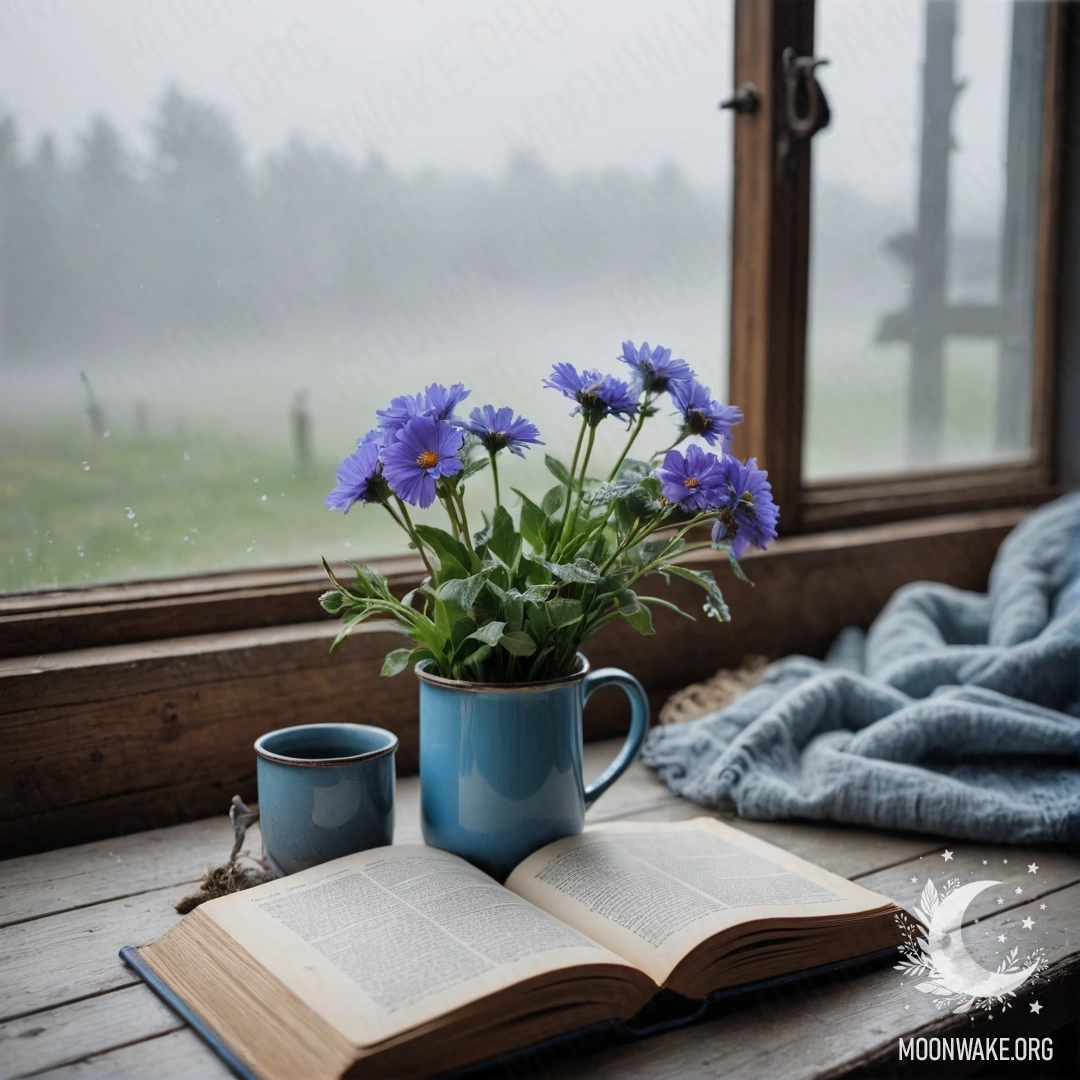 A blue shabby book rests on a wooden windowsill next to a blue mug filled with flowers in a foggy environment.