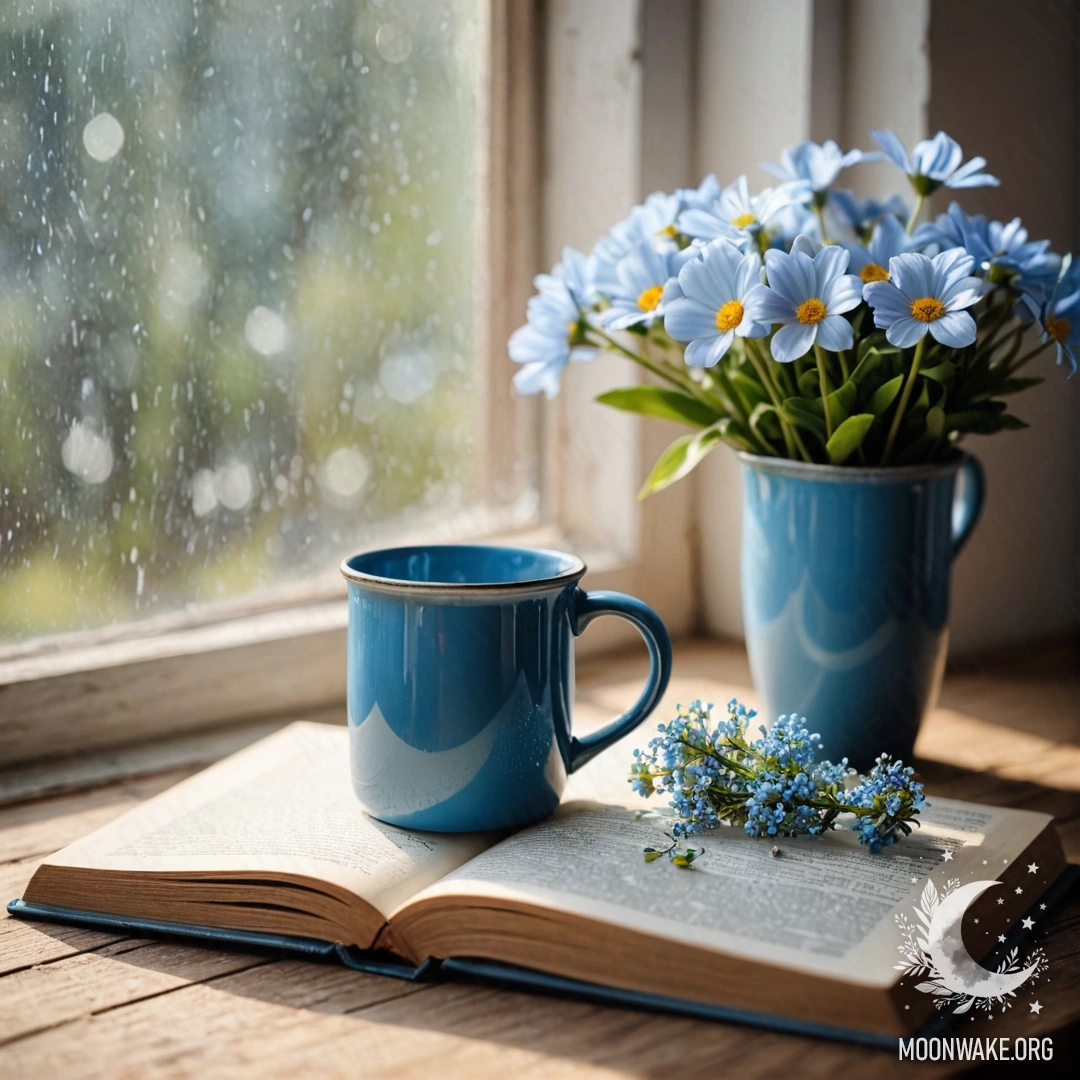 An old, shabby blue book rests on a wooden windowsill with a blue metal mug containing flowers and a garland of lights.