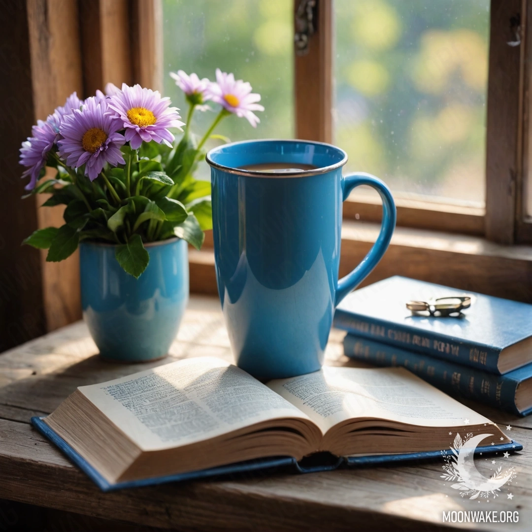 A blue book lying on a wooden windowsill with a blue metal mug filled with flowers.