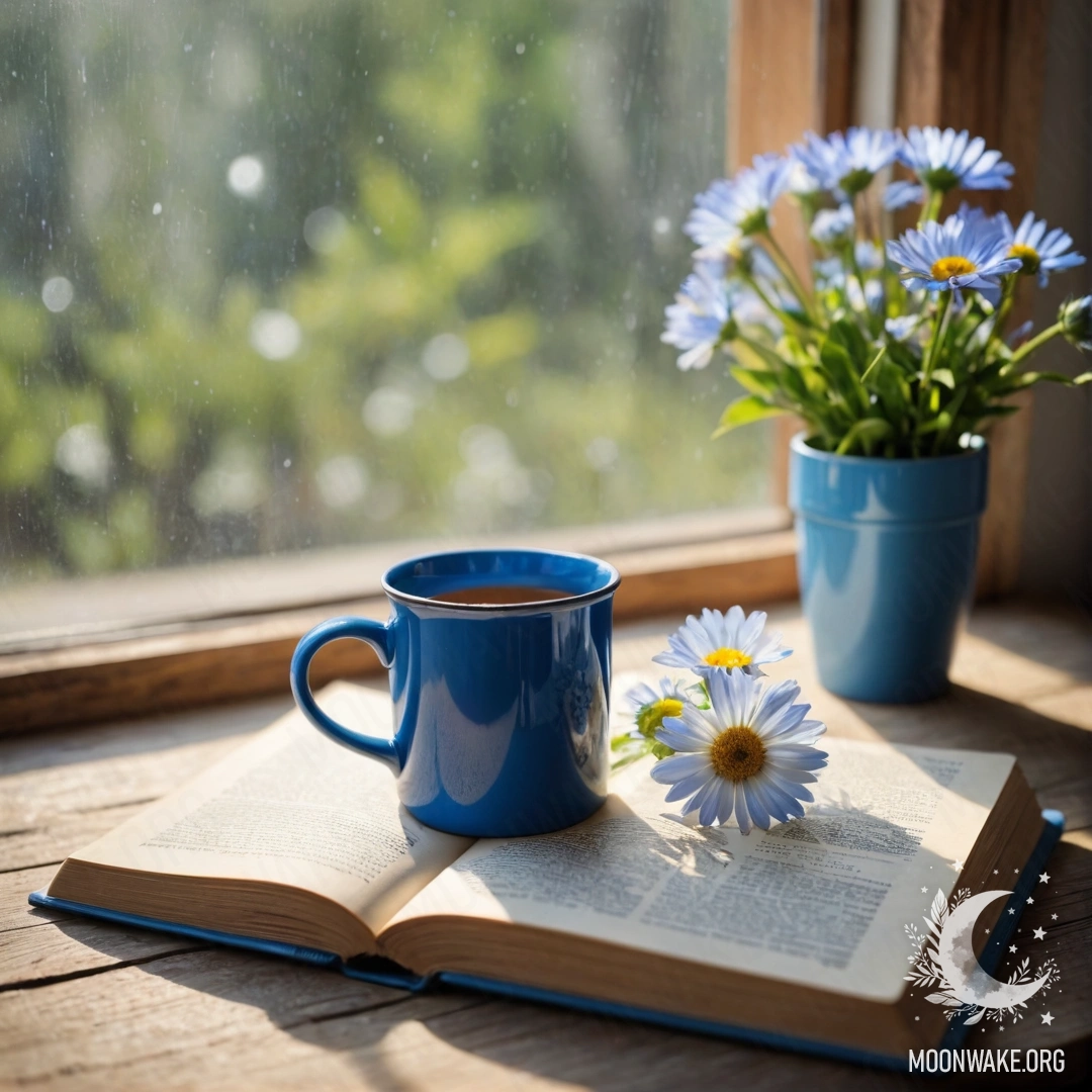 Blue Book and Mug on a Windowsill An old shabby blue book lies on a wooden windowsill with a blue metal mug filled with flowers illuminated by sun rays.
