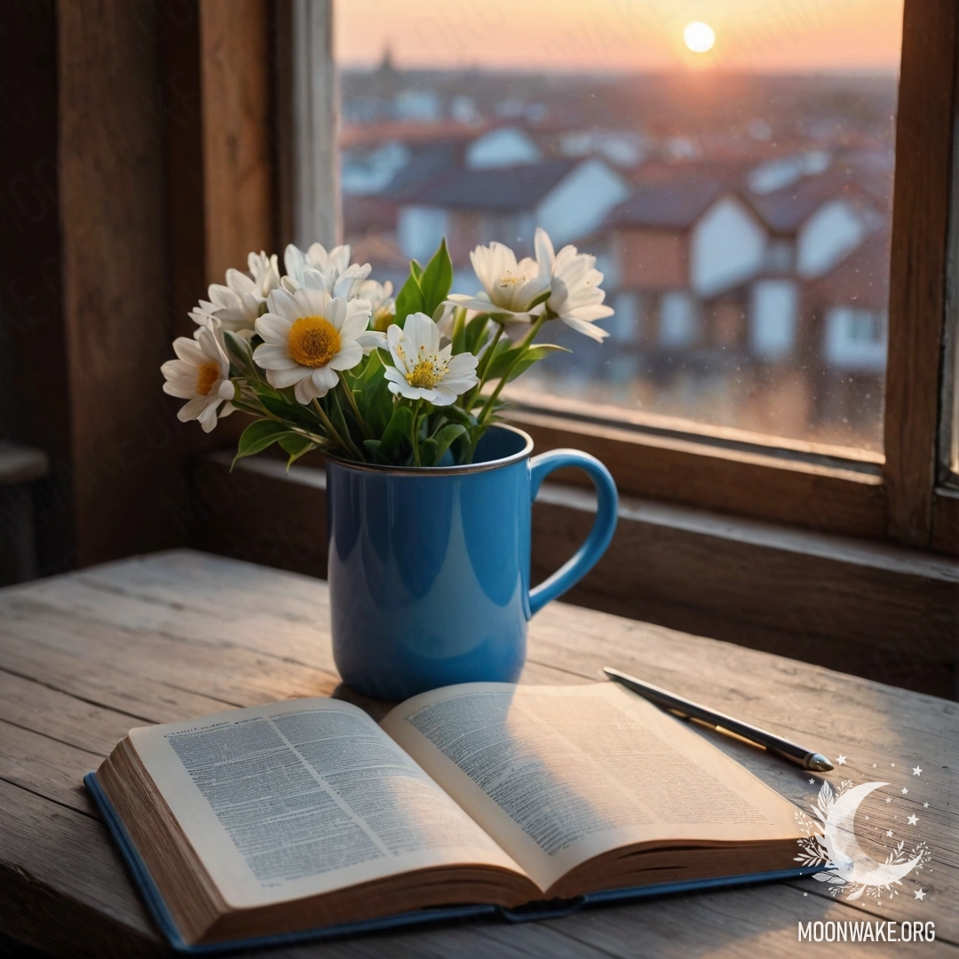 Blue Book and Mug with Flowers at Sunset A blue book resting on a wooden windowsill with a blue mug filled with flowers against a sunset backdrop.