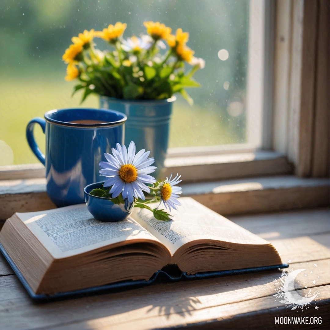 A blue book rests on a wooden windowsill, accompanied by a blue metal mug filled with flowers, illuminated by sun rays.
