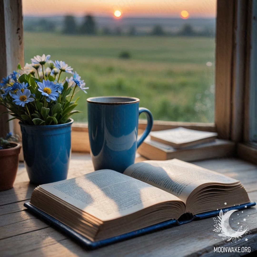 A blue book on a wooden windowsill with a blue metal mug containing flowers at sunset.