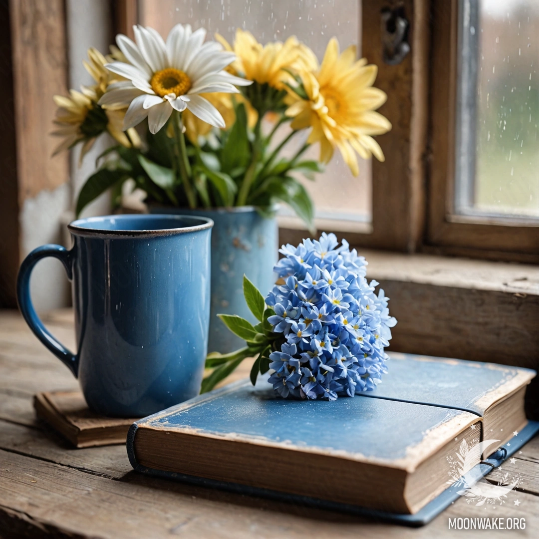 A shabby blue book with a blue metal mug filled with flowers on a wooden windowsill.