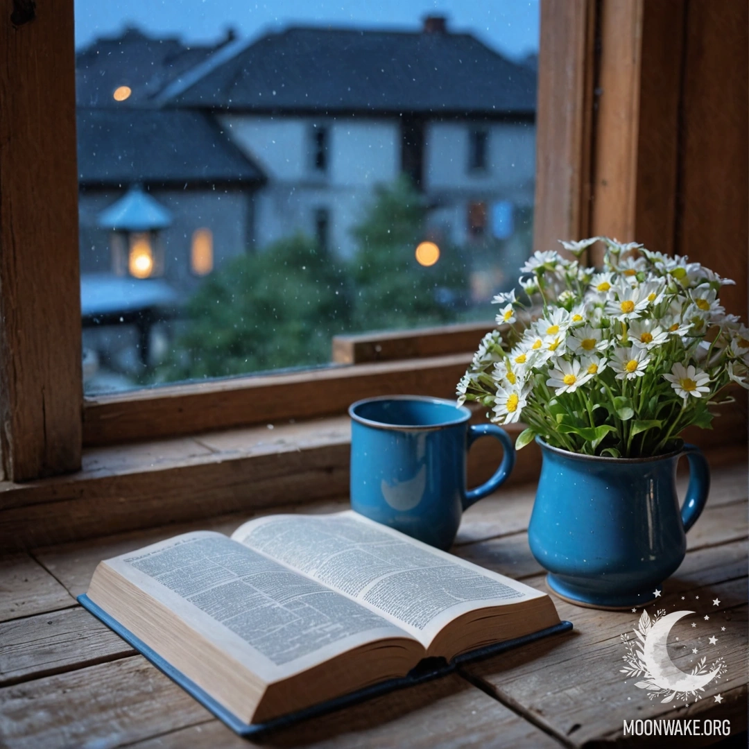 A blue, shabby book lies on a wooden windowsill with a blue metal mug filled with flowers beside it, all situated at night.