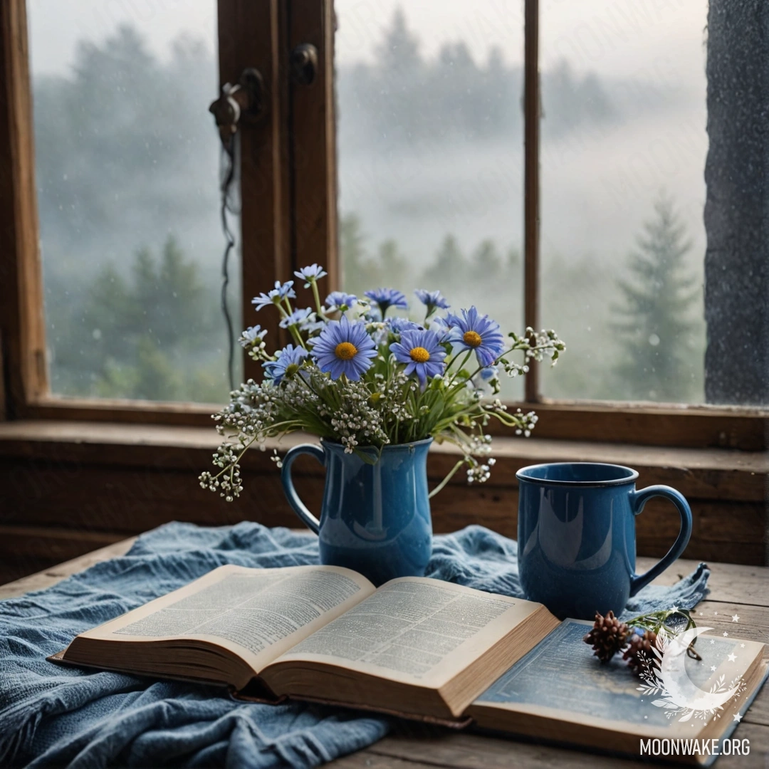 An old blue book on a wooden windowsill with a blue mug containing flowers, enveloped in dense fog.