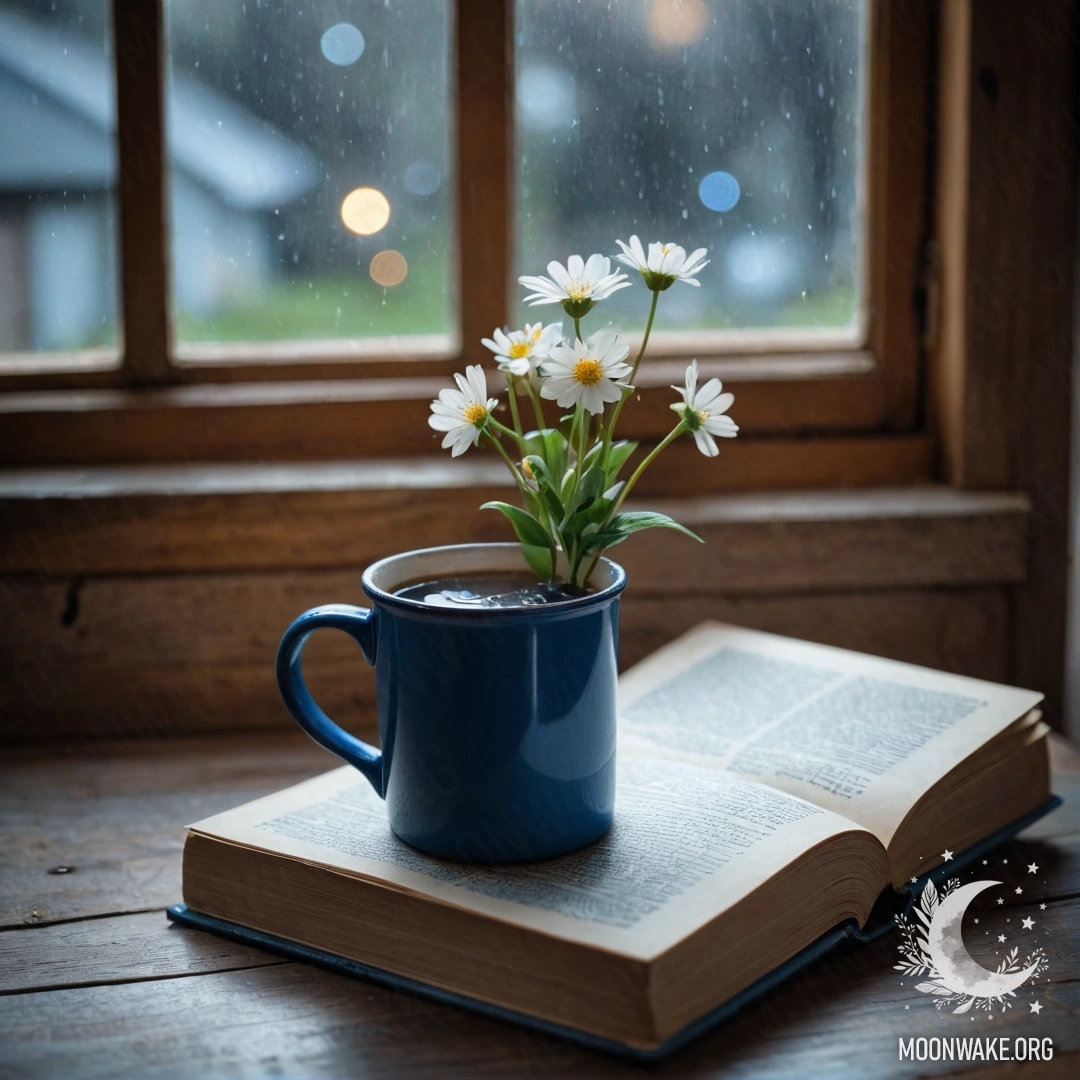 A blue book on a wooden windowsill with a blue metal mug and flowers inside.