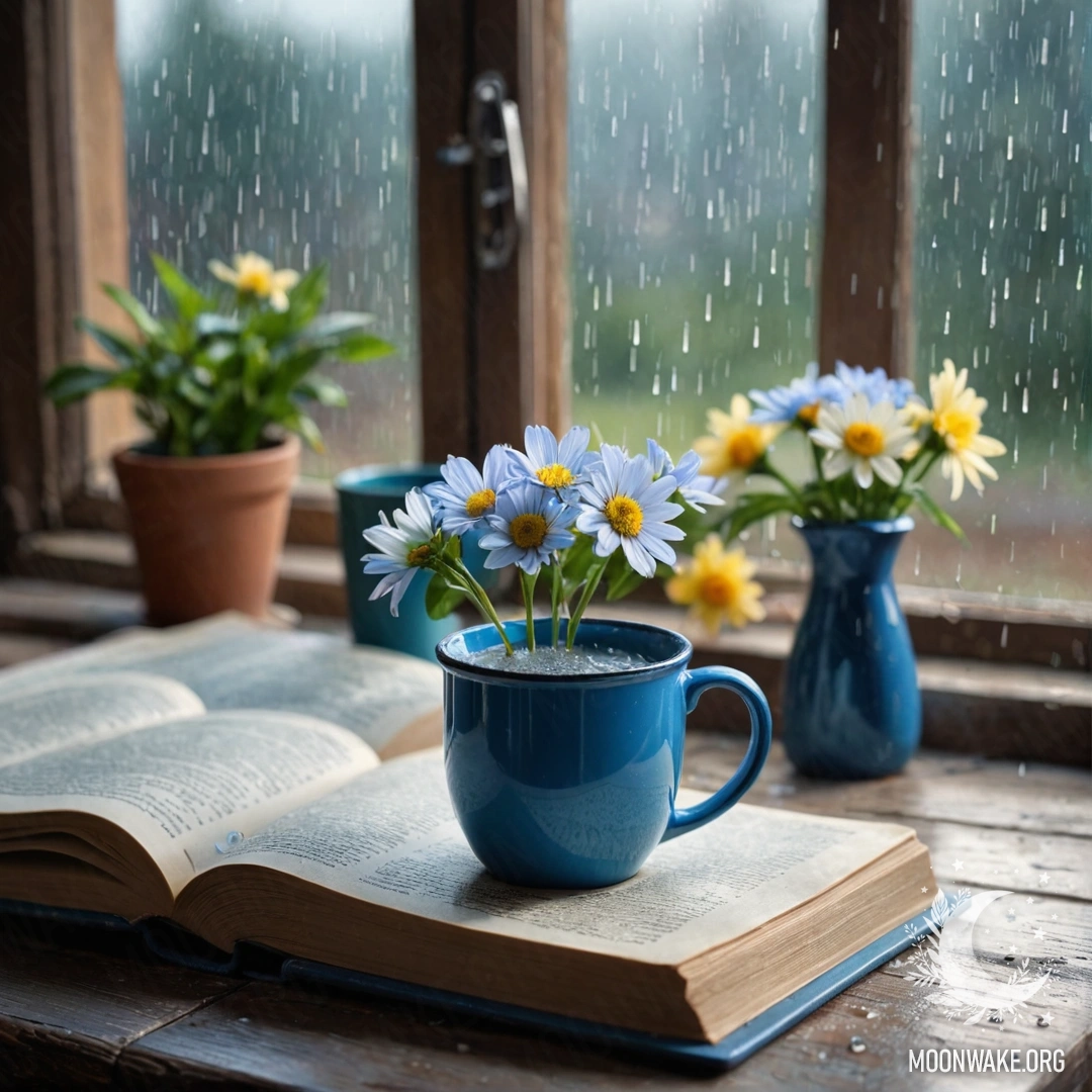 A blue book rests on a wooden windowsill, topped with a blue metal mug filled with flowers, under the rain.