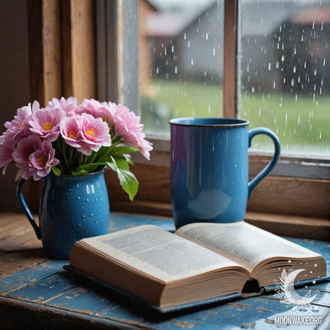 A blue book rests on a wooden windowsill, beside a blue mug filled with flowers, under rain.