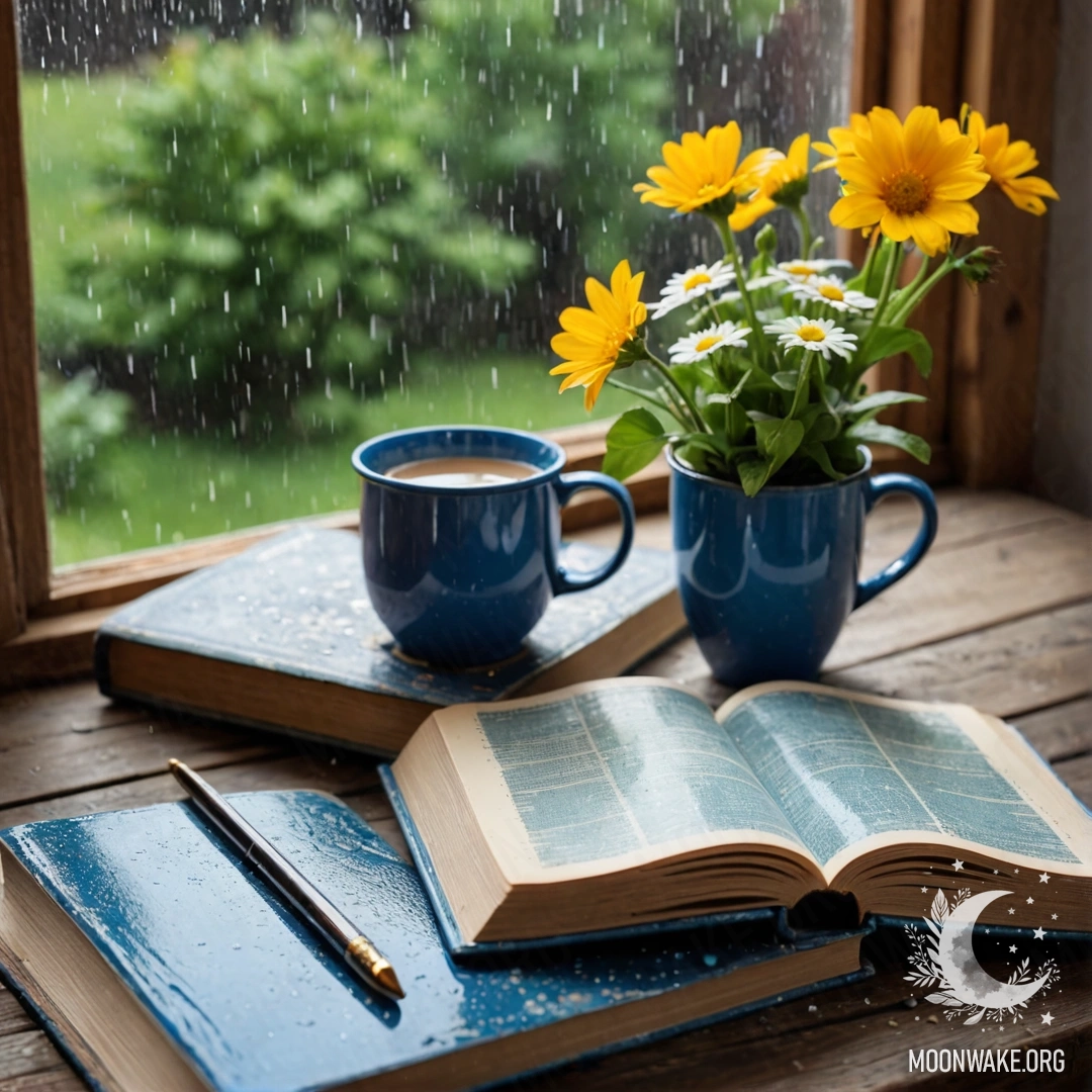 An old shabby blue book on a wooden windowsill with a blue mug full of flowers under rain.