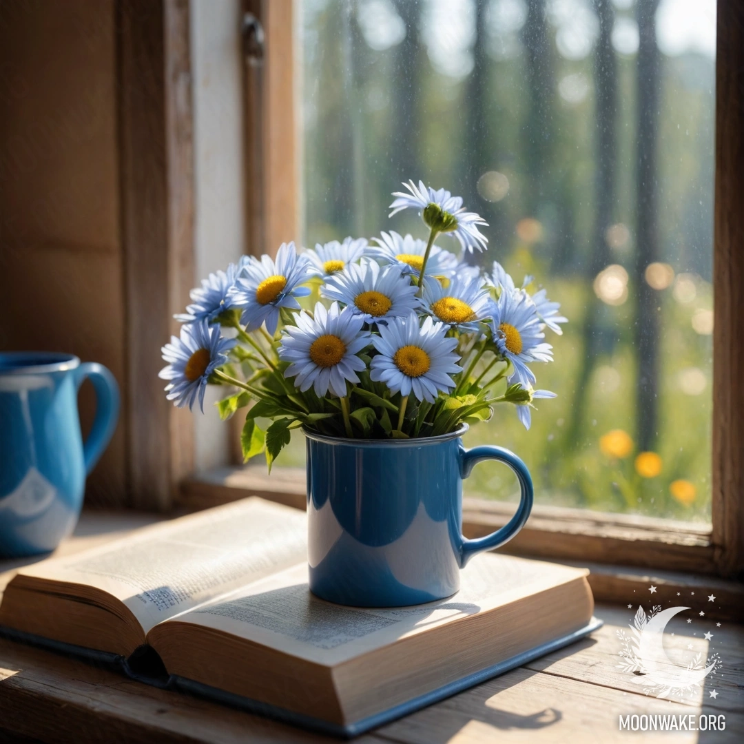 A blue book lies on a wooden windowsill with a blue mug filled with flowers, illuminated by sun rays.