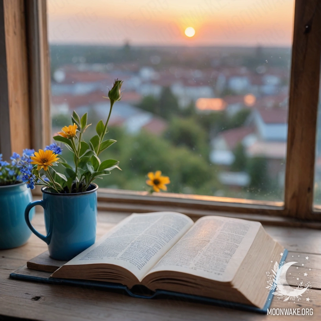 An old blue book and a blue metal mug with flowers on a wooden windowsill at sunset.