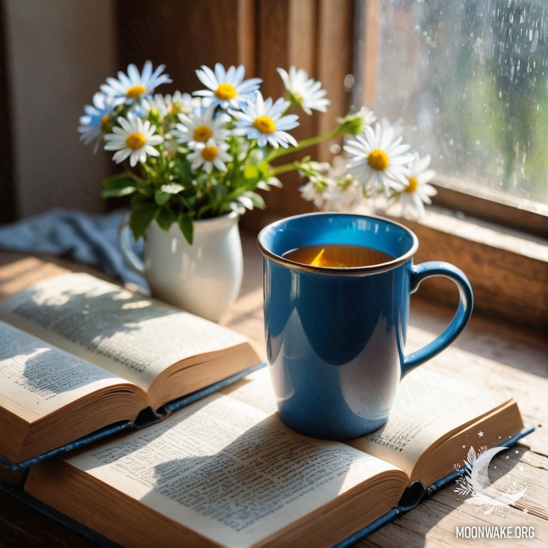 An old shabby blue book and a blue metal mug with flowers on a wooden windowsill bathed in sunlight.