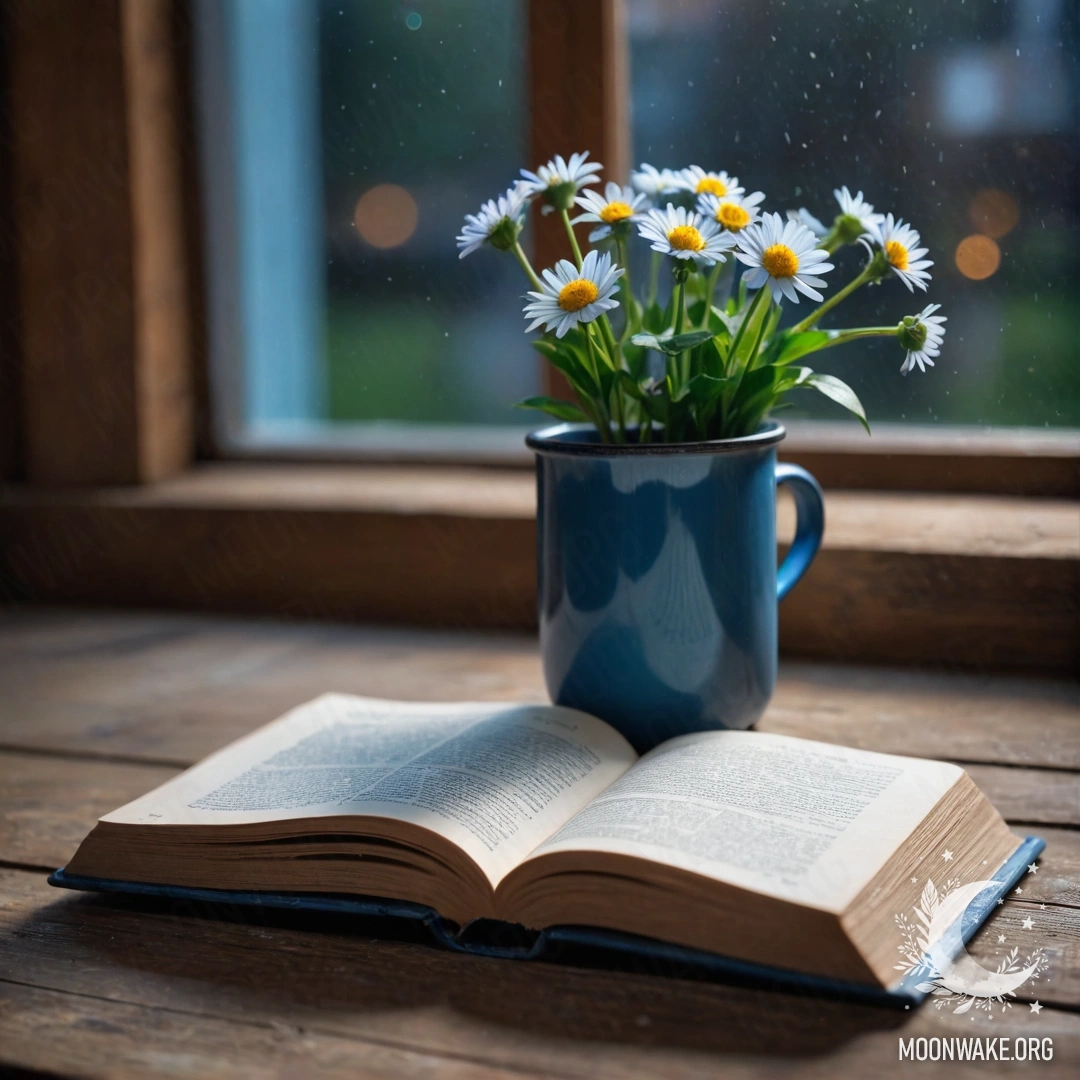 A shabby blue book lies on a wooden windowsill with a blue metal mug holding flowers at night.