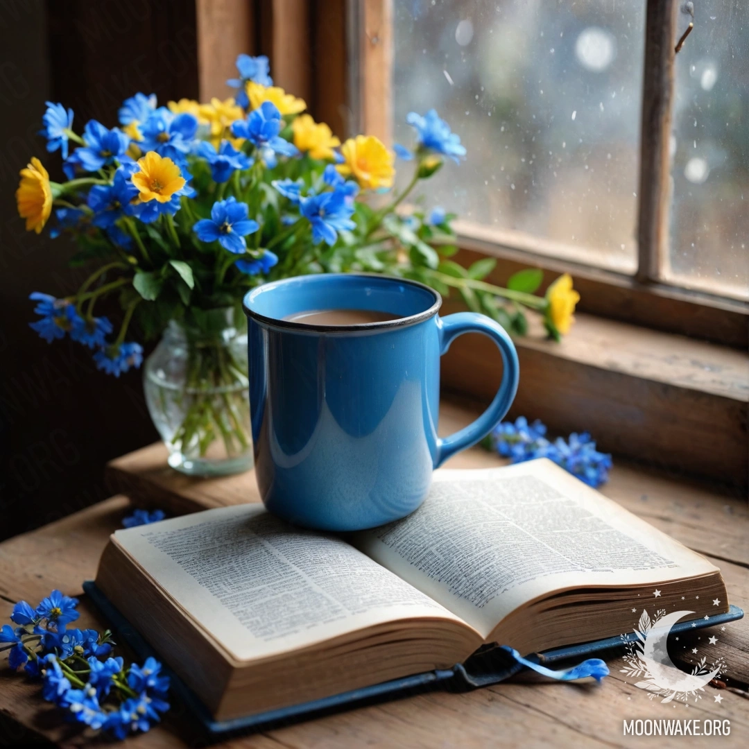 An old shabby blue book on a wooden windowsill with a blue mug containing flowers and garland lights.
