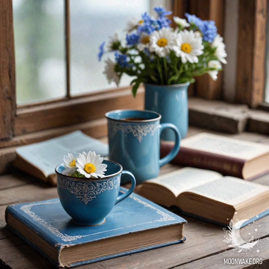 An old shabby blue book lies on a wooden windowsill, with a blue metal mug containing flowers placed on it.