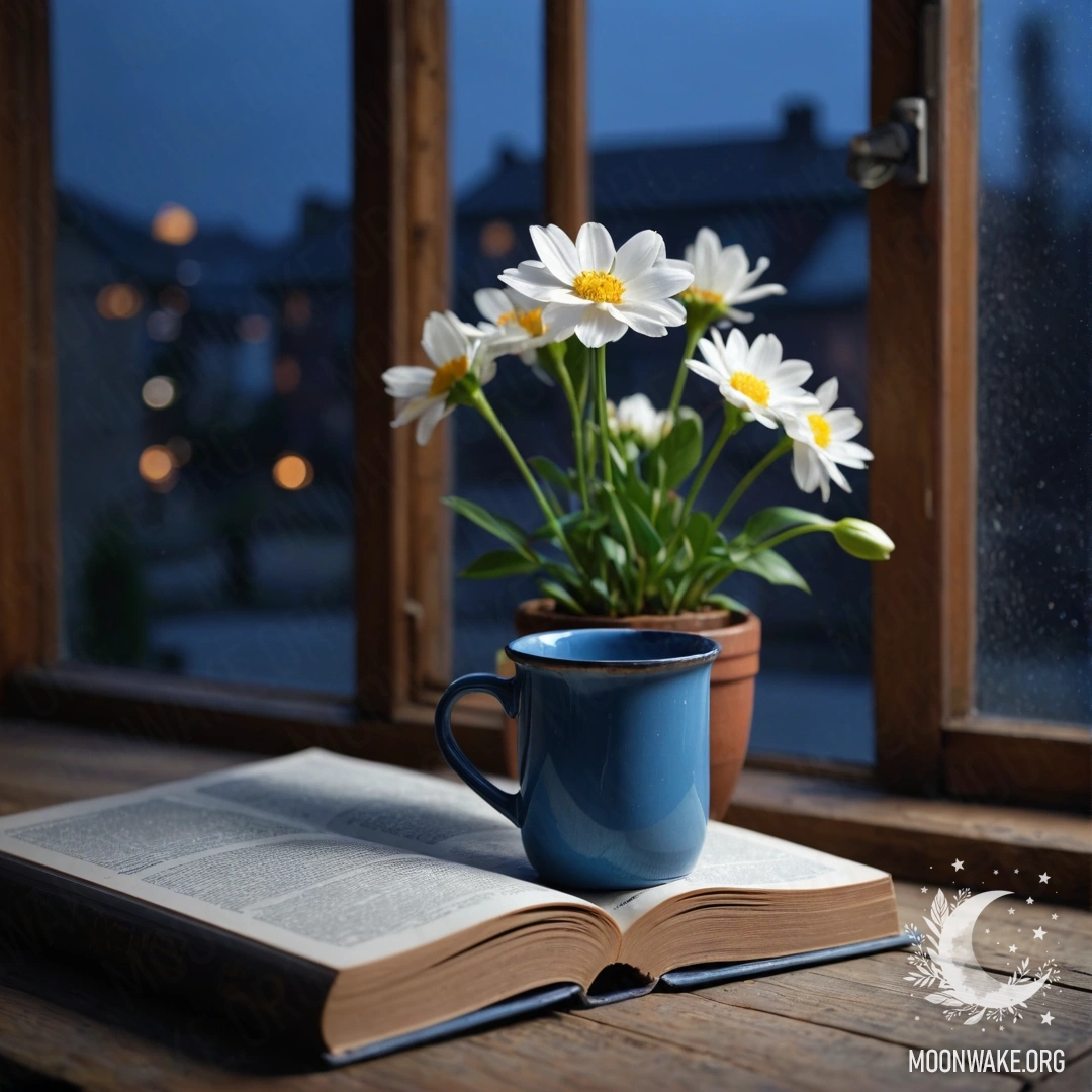 A weathered blue book rests on a wooden windowsill, accompanied by a blue metal mug filled with flowers, illuminated by moonlight.