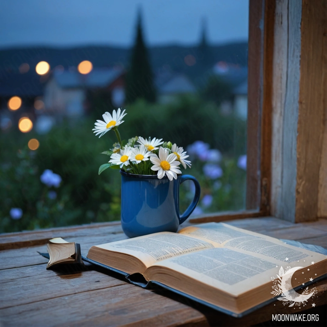 An old blue book rests on a wooden windowsill, with a blue metal mug filled with flowers beside it, captured at night.