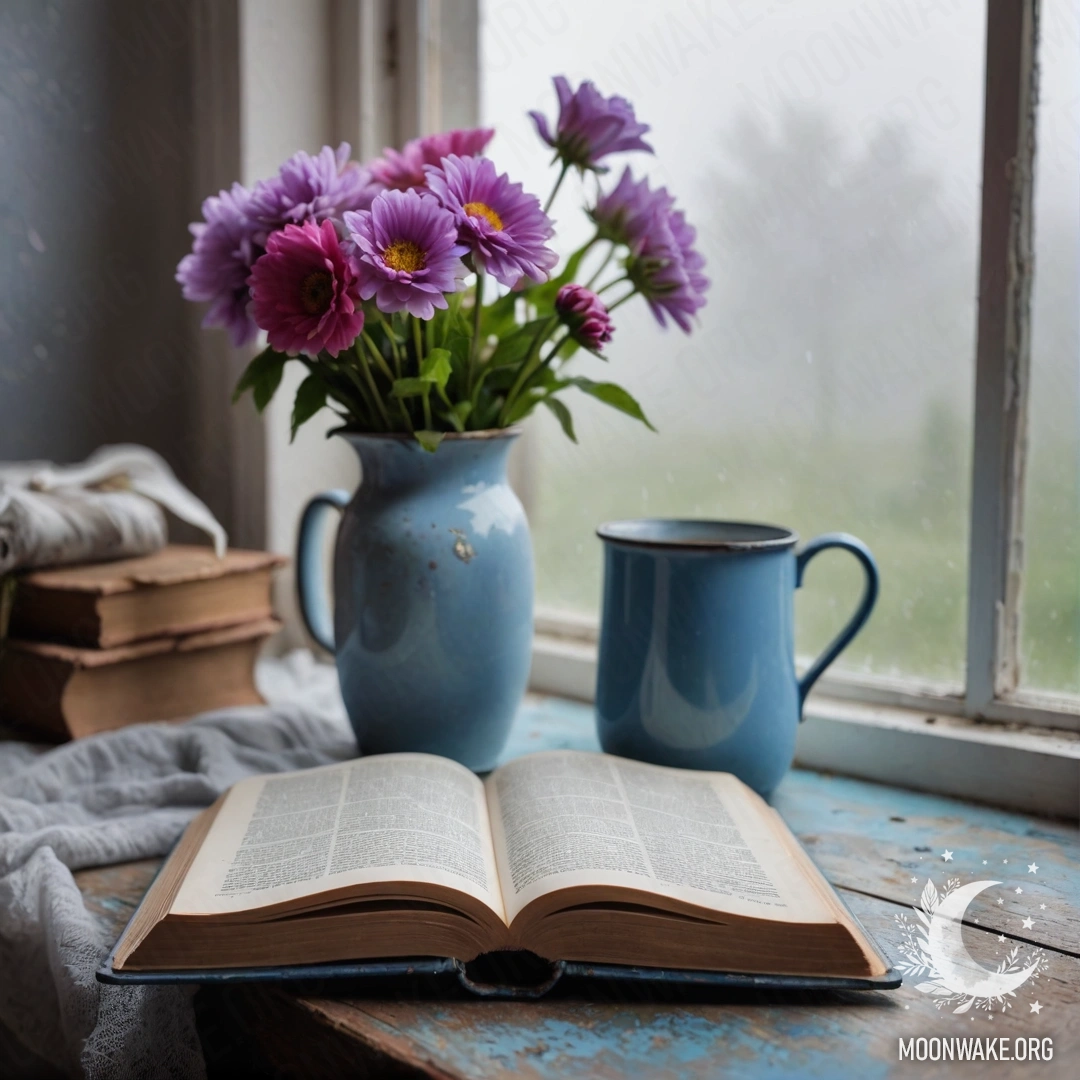 A blue book rests on a weathered wooden windowsill with a blue metal mug filled with flowers, shrouded in dense mist.