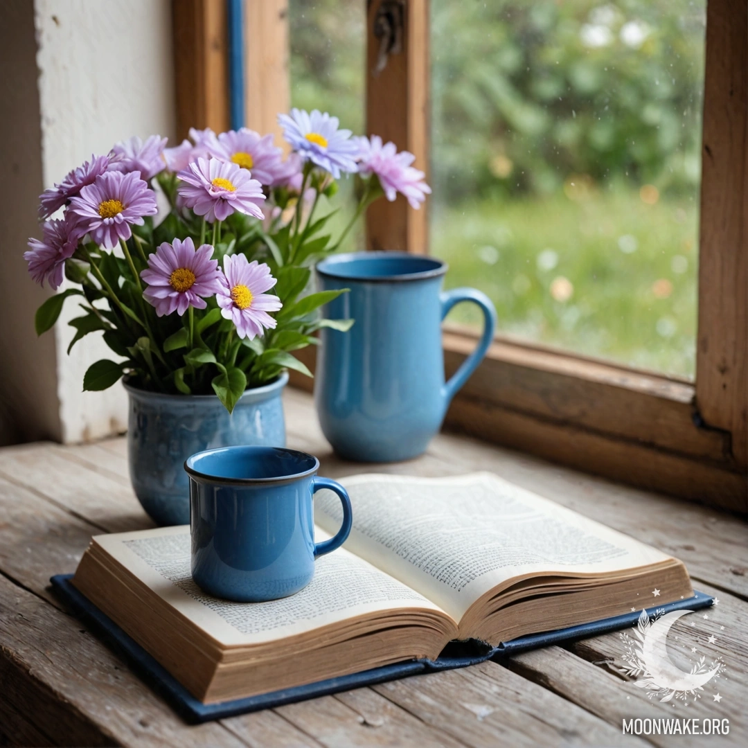 A blue book lies on a wooden windowsill with a blue metal mug containing flowers