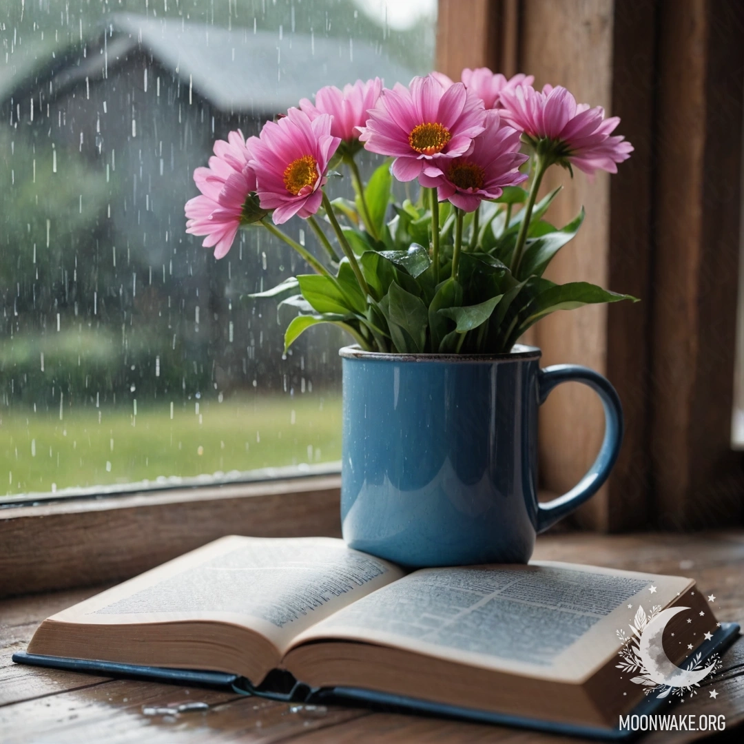 A weathered blue book resting on a wooden windowsill accompanied by a blue metal mug filled with flowers, amidst a gentle rain.